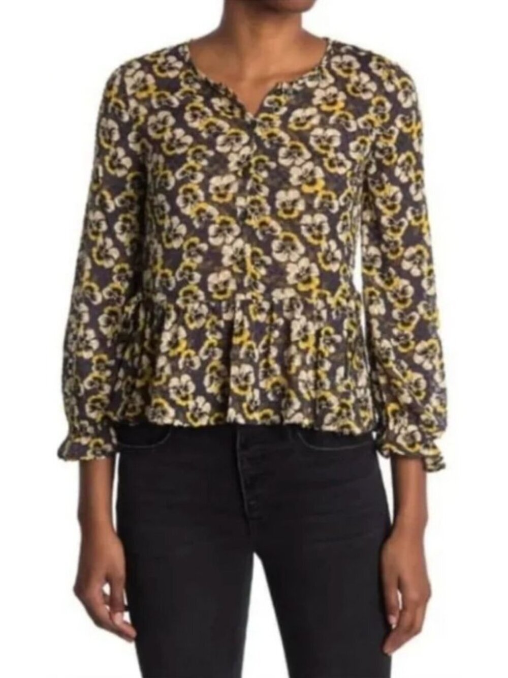 Madewell Womens Drawstring Ruffle-Hem Viola Floral Top Size Large Black SP EXC